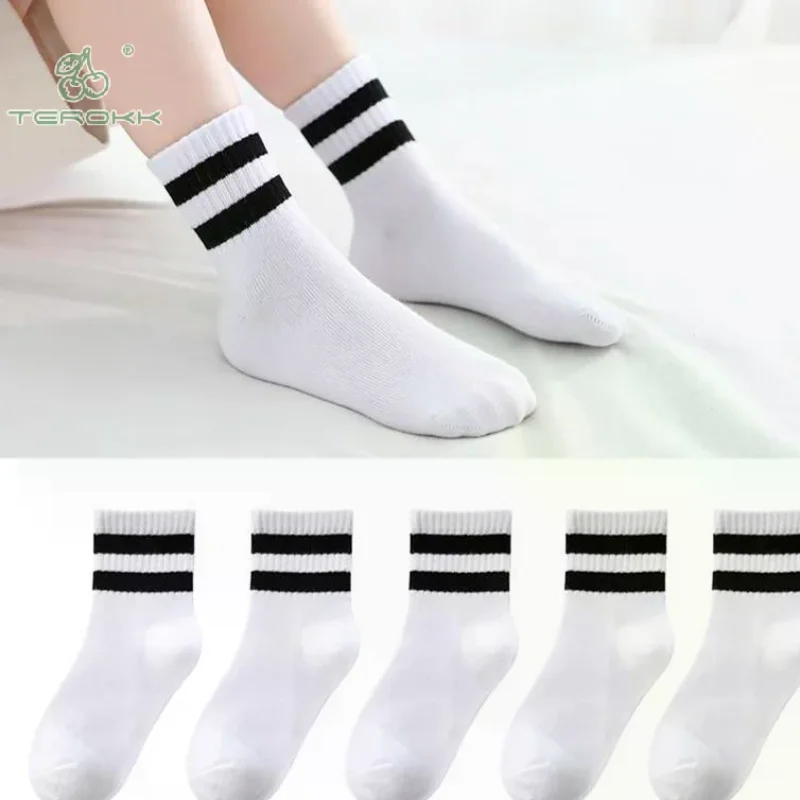 

5Pairs Student Sports Socks Cotton Soft Long Tube Socks Absorbing Sweat Girls Boys Baby Black White Tube Socks 1-13 Years
