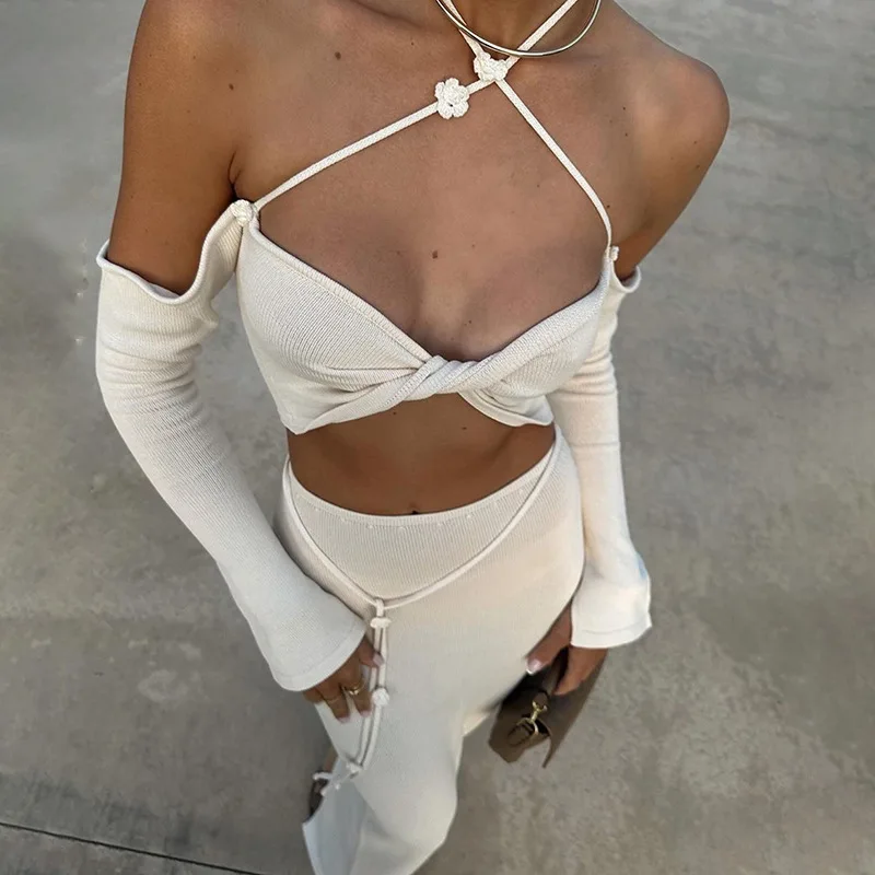 2025 Nieuwe strandrok dames effen kleur drijvende bloem gebreide taille cover shirt bikini badpak zonnebrandcrème set