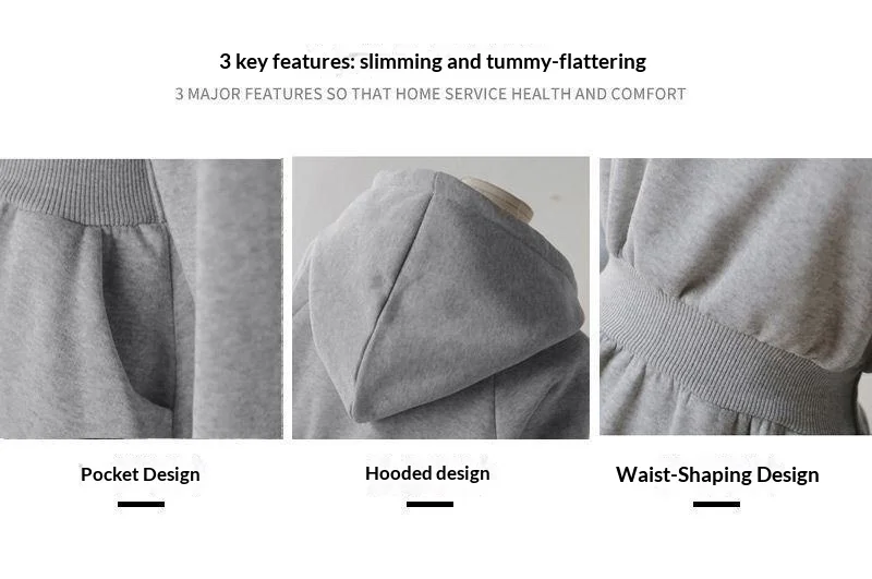Koreanischer Stil, Herbst-Winter-Kapuzen-Sweatshirt-Kleid, Übergröße, tailliert, einfarbig, langes Kleid für Studentinnen und Frauen, lässig – Detail 4