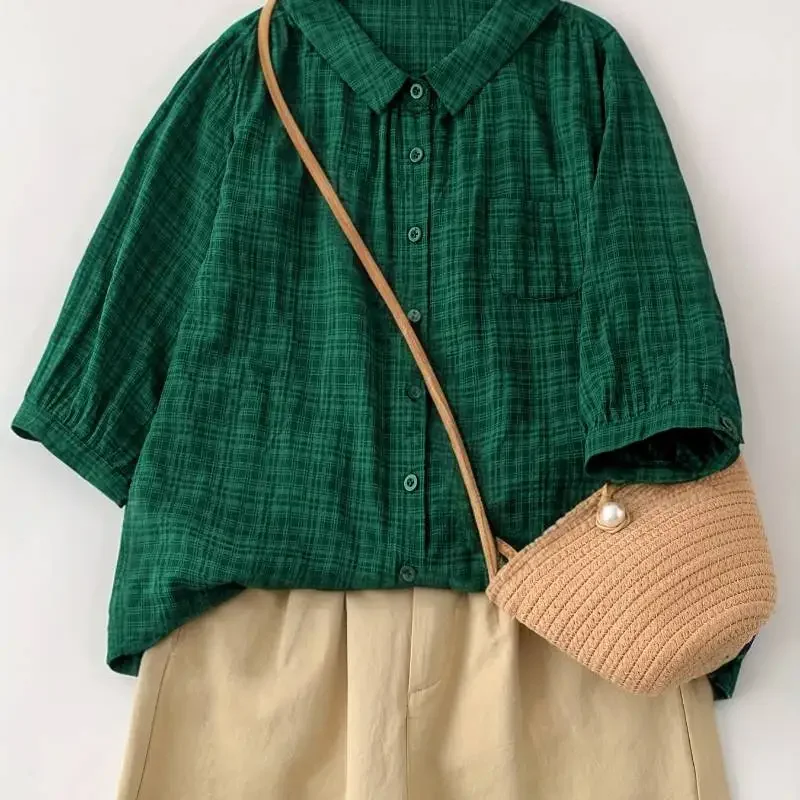 2025 Nuevo top a cuadros para mujer |   Estilo casual y de desplazamiento, puro algodón, solapa, recto con botones, versátil