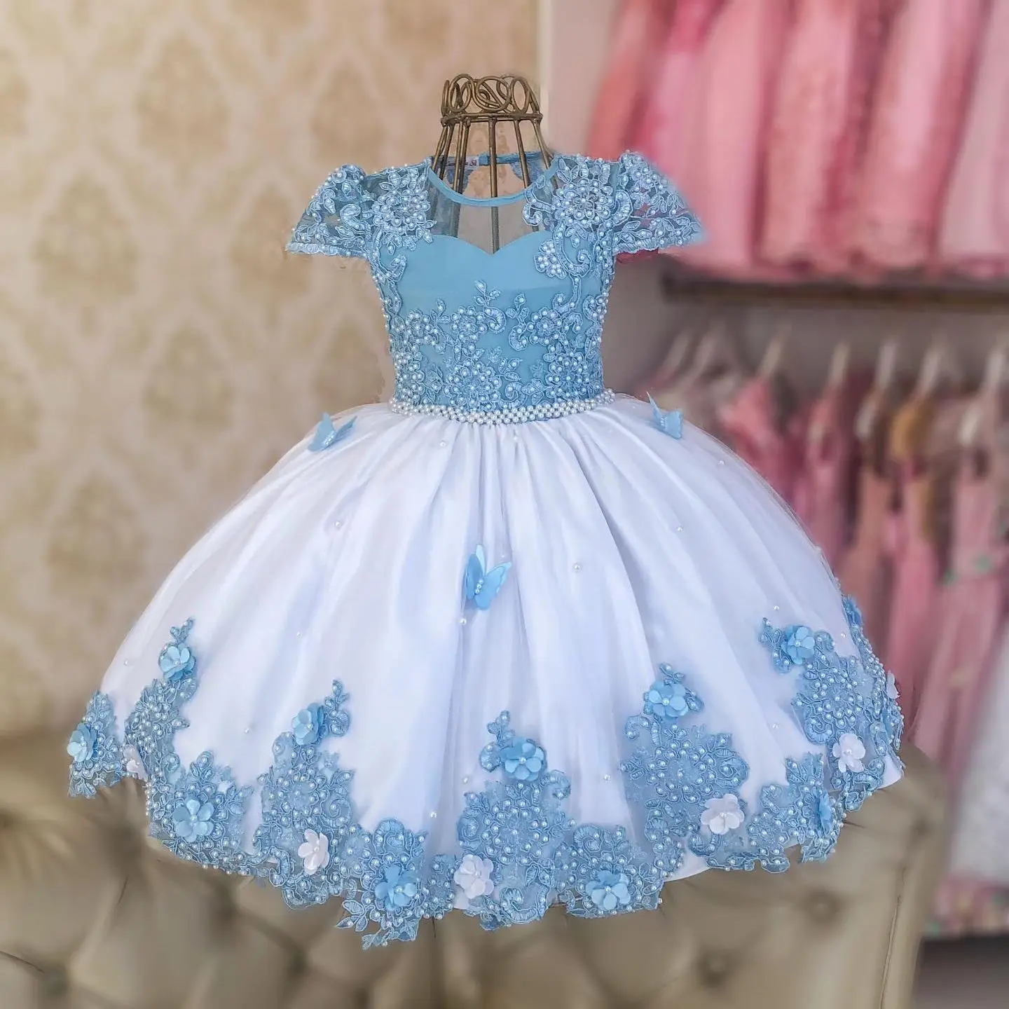 

Light Sky Blue and White Flower Girls Dresses For Weddings Customized Lace Birthday Children Tulle Dress Girl Pageant Gowns