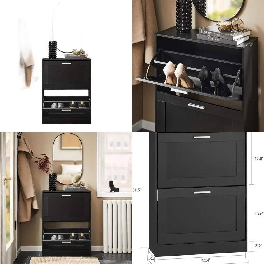 

Compact Black Shoe Storage Cabinet with 2 Folding Drawers for Entryway and Hallway