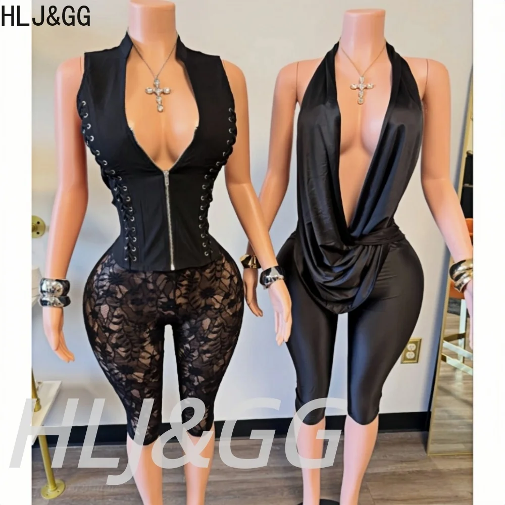 HLJ&GG Black Sexy Bandage Tank Top Two Piece Sets Women Sleeveless Slim Top And Lace See Though Shorts Outfit Fashion Streetwear