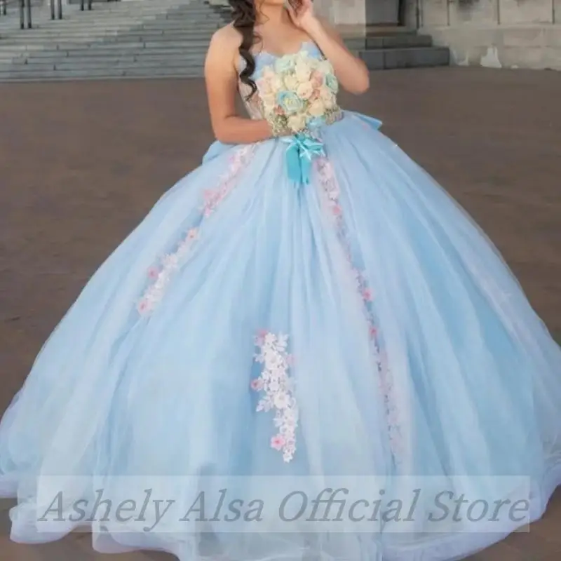 Robe de Soirée Bleu Glacé avec Nministériels d en Dentelle pour Fille, Tenue de Bal, d'Anniversaire, 16 Ans, 2024