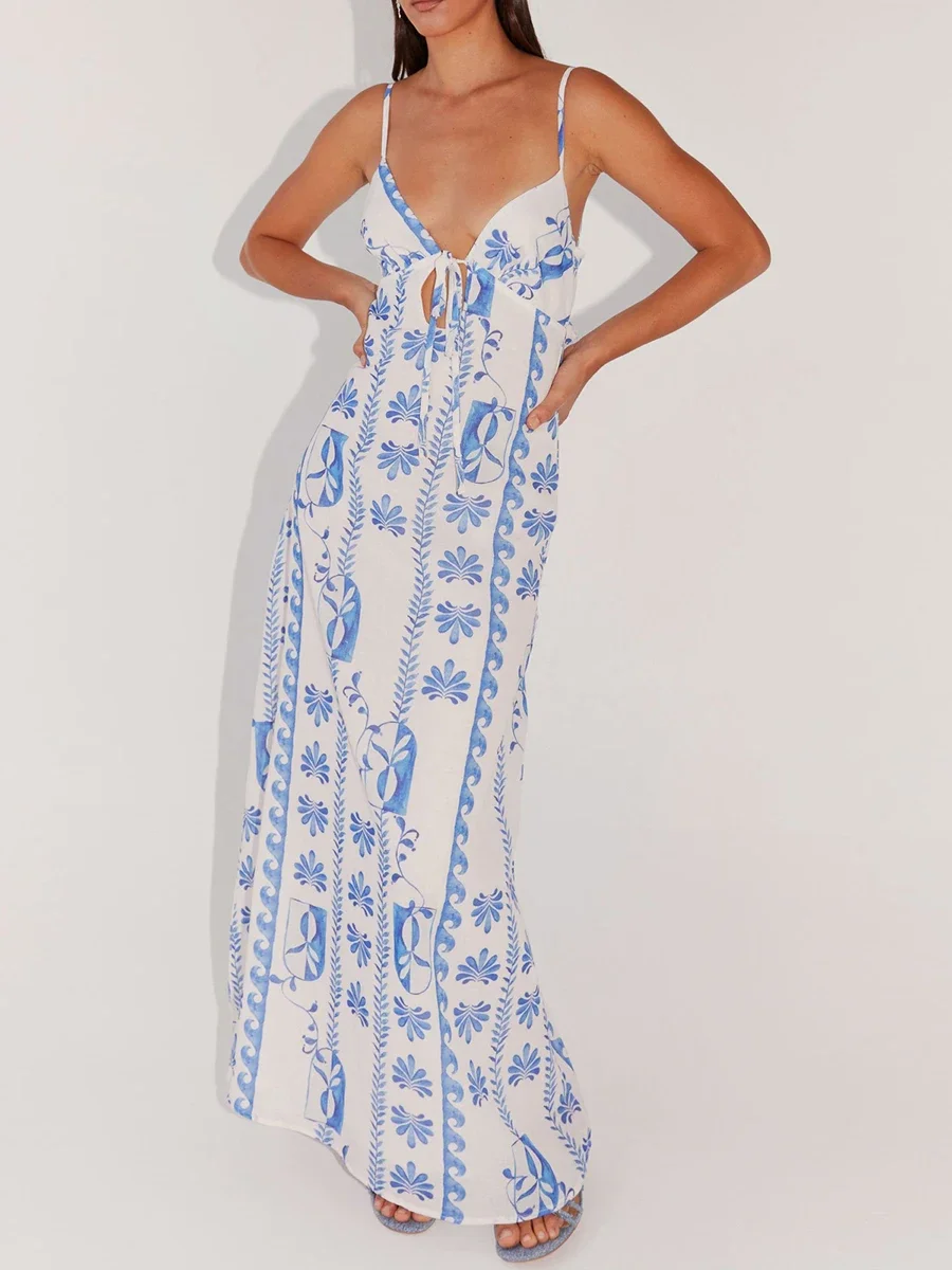 Nueva moda mujer verano vestido largo sin mangas Spaghetti Strap Tie-Up frente vestido suelto espalda recorte vestido gran oferta S M L