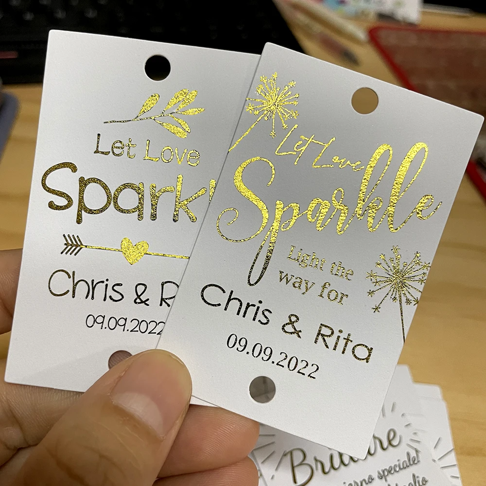 Etiquetas personalizadas de papel de aluminio dorado, barras brillantes, etiquetas de fuegos artificiales de boda, etiquetas personalizadas, 100