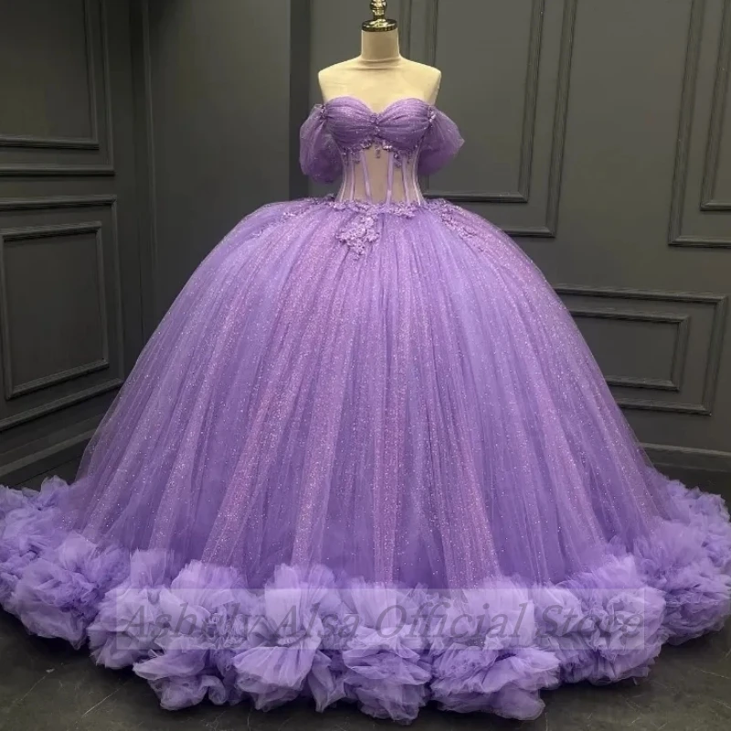 Customized Real Picture Mexican Lavender Princess Quinceanera Dresses Applique Tulle Tiered Prom Sweet 16 Vestidos De 15 Anos