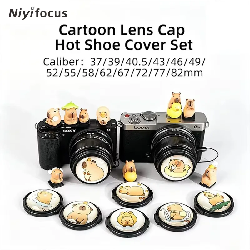 Cartoon Lens Cap Hot Shoe Cover Set with Lanyard 37-82mm Universal Dustproof Camera Lens Protector for Canon Nikon Sony Fujifilm