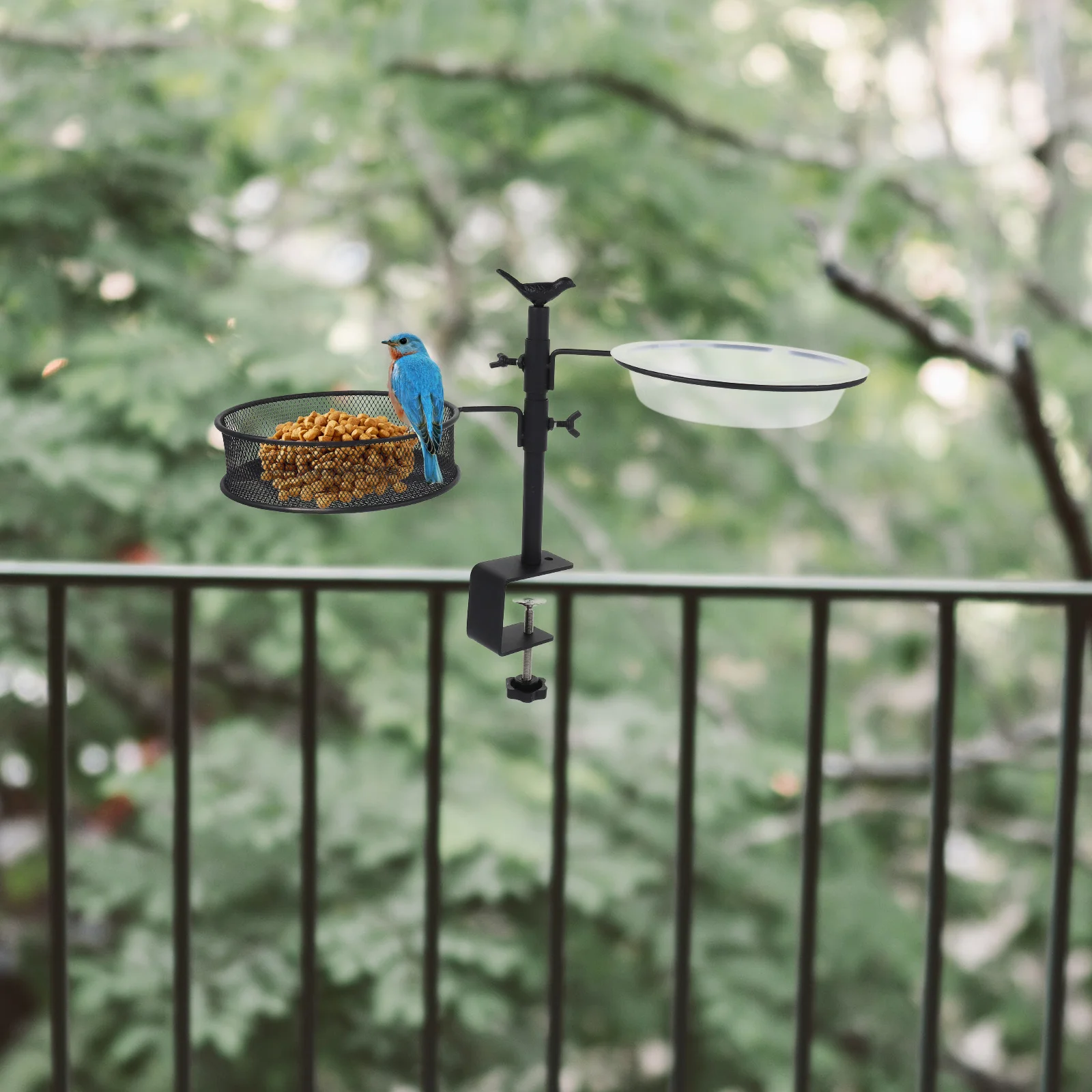 

Adjustable Deck Mounted Bird Feeder Holder with Metal Mesh Tray Detachable Bath Bowl for Balcony Garden Bird Bath Feeding