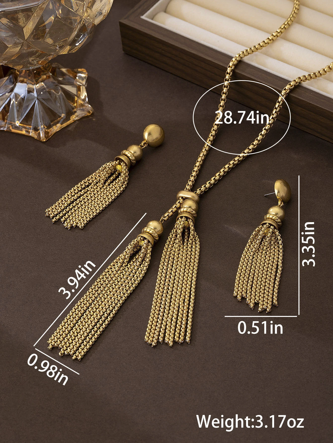 French-style light luxury long gold bead tassel jewelry two-piece set