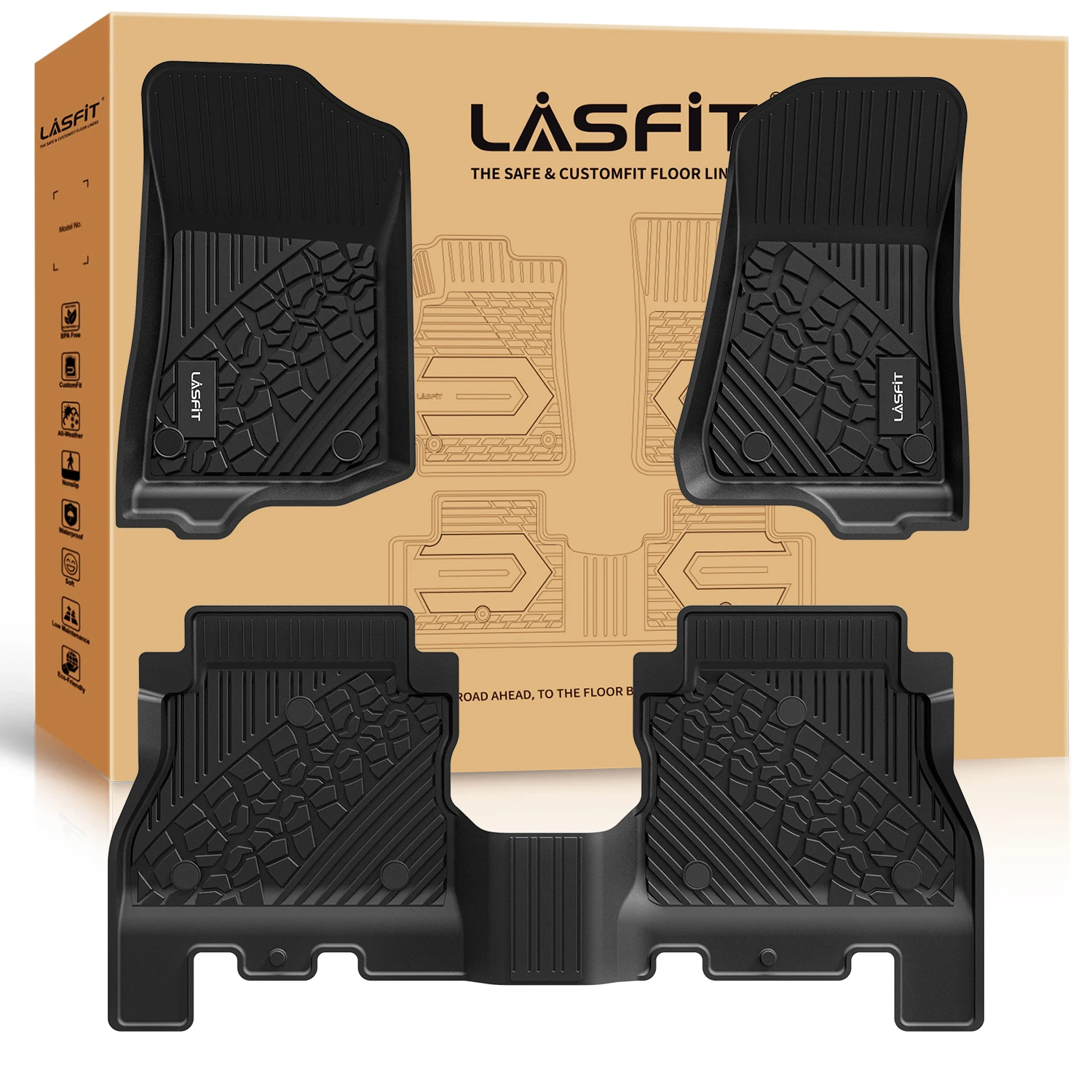 LASFIT Floor Mats Fit for 2018-2024 Jeep Wrangler Unlimited JL 4-Door ( Not fit 4xe) 1st & 2nd Row TPE Black Car Liner Set