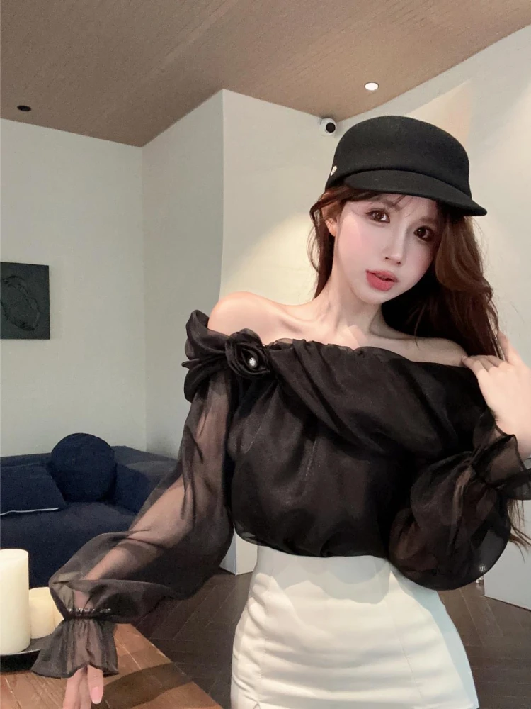 

Women’s French Style One Shoulder Chiffon Blouse 2026 Autumn Long Sleeve Shirt with 3D Floral Detail Elegant Party Casual Top