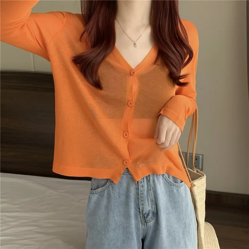 2024 Summer Fashion Korean Style Loose Slimming V-Neckline Short All-Match Sun Protection Long Sleeve Knitted Cardigan Top Women