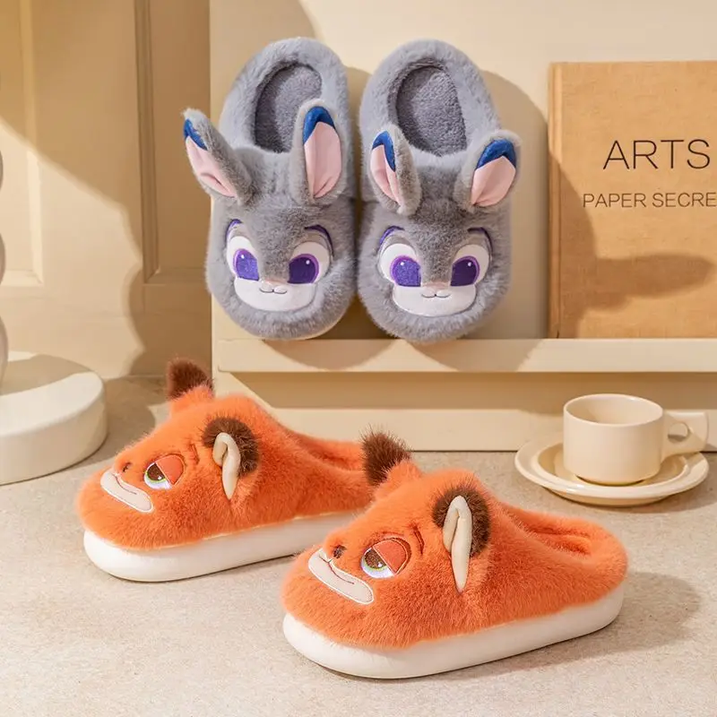 Judy Hopps Nick Wilde Chinelos criativos de desenho animado engrossados, quentes, leves e confortáveis, de algodão para meninos e meninas