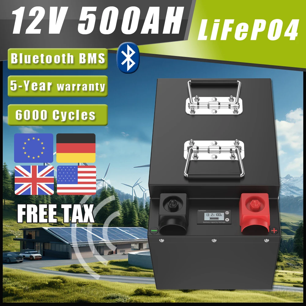 LiFePo4 Battery with Bluetooth BMS Grand A 4S, 12.8V Lithium Iron Phosphate for RV Solar Storage Boat Motor Off Grid, 12V 500Ah