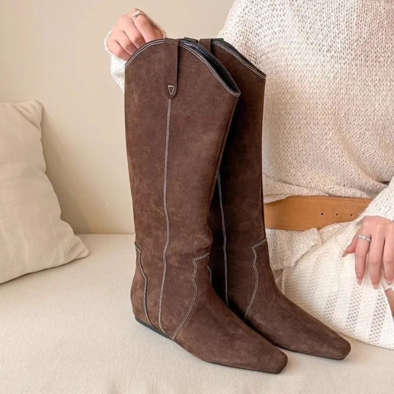 

NEW women's natural suede leather square toe side zip autumn knee high western boots casual female long boots shoes women