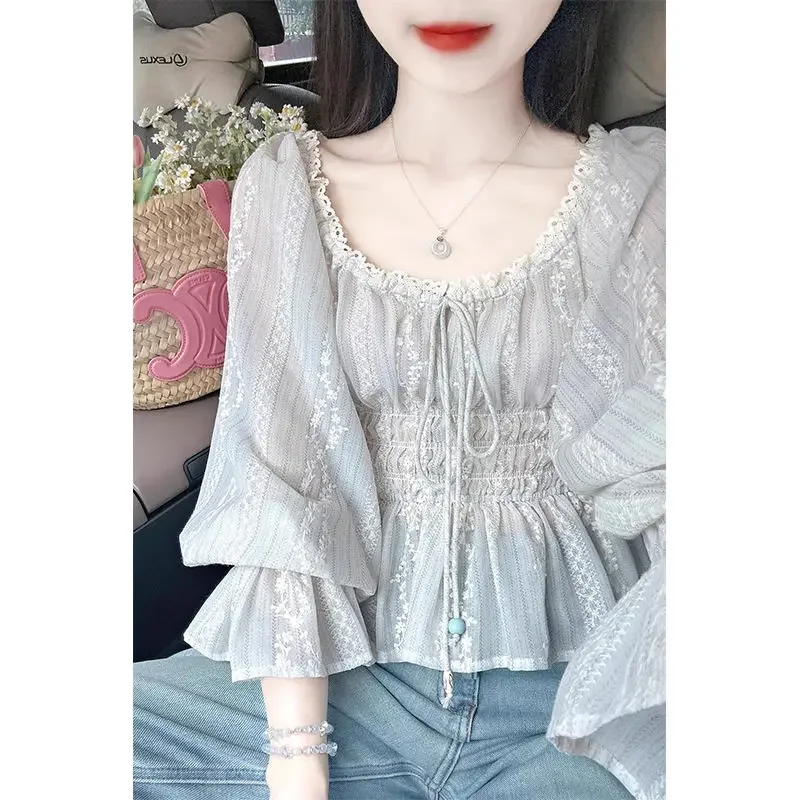 French Style Embroidered Chiffon Blouse for Women Spring/Summer New Design Waist-Reducing Bubble Sleeve Short TopXQ150