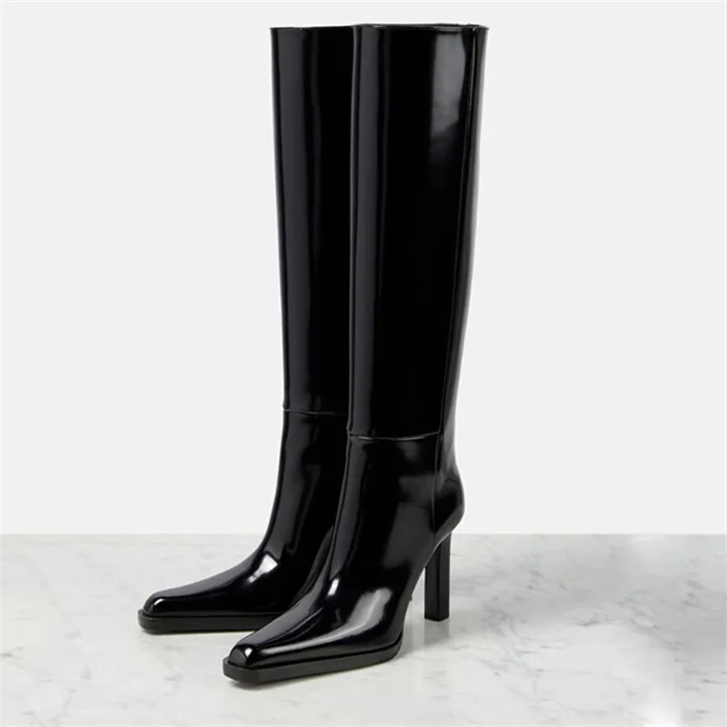 Patent Leather Pointed Toe Knee Boots Casual Heels Runway Zapatos Mujer Elegant Botas Large Size Old Money Fashion Office New