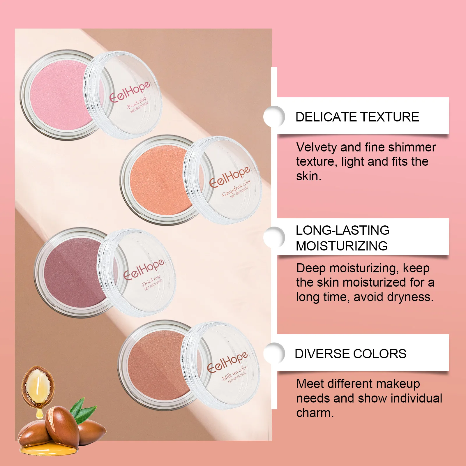 EELHOPE Velvet Fine Glitter Blush Mud Series Natural Light and Ruddy Makeup Cheek Fine Glitter Blush Mud Makeup Blush Focallure