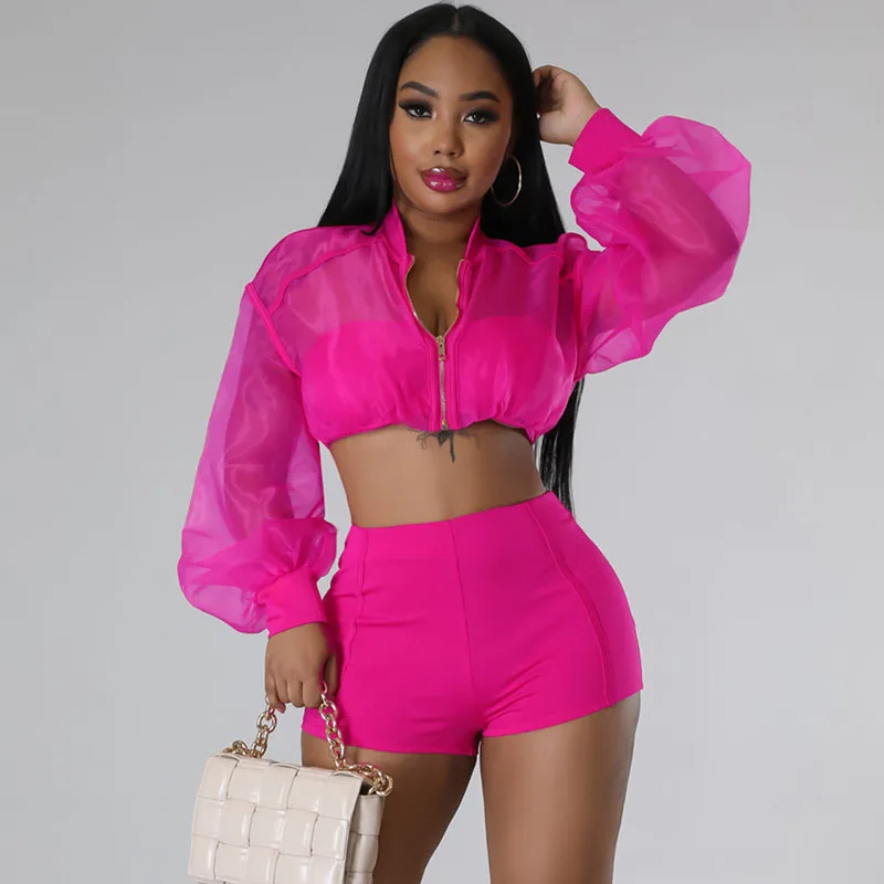 

Solid 2 Piece Sets Women Summer Beach Vacation Outfits See-through Zip Organza Crop Top and Shorts Nightclub Party Matching Sets