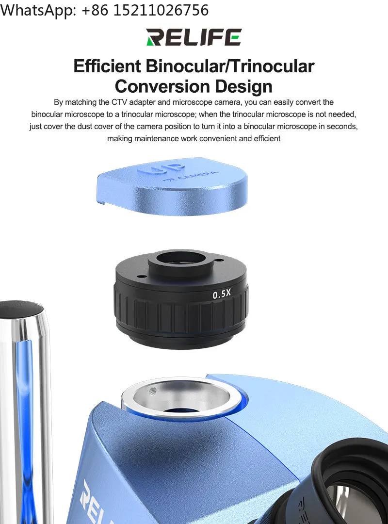 Microscopio estéreo Trinocular HD RELIFE RL-M7T Pro-STL2 + fuente de luz de RL-033M + adaptador de 0,5 CTV + cámara HD MC1 4K para reparación de PCB de teléfono