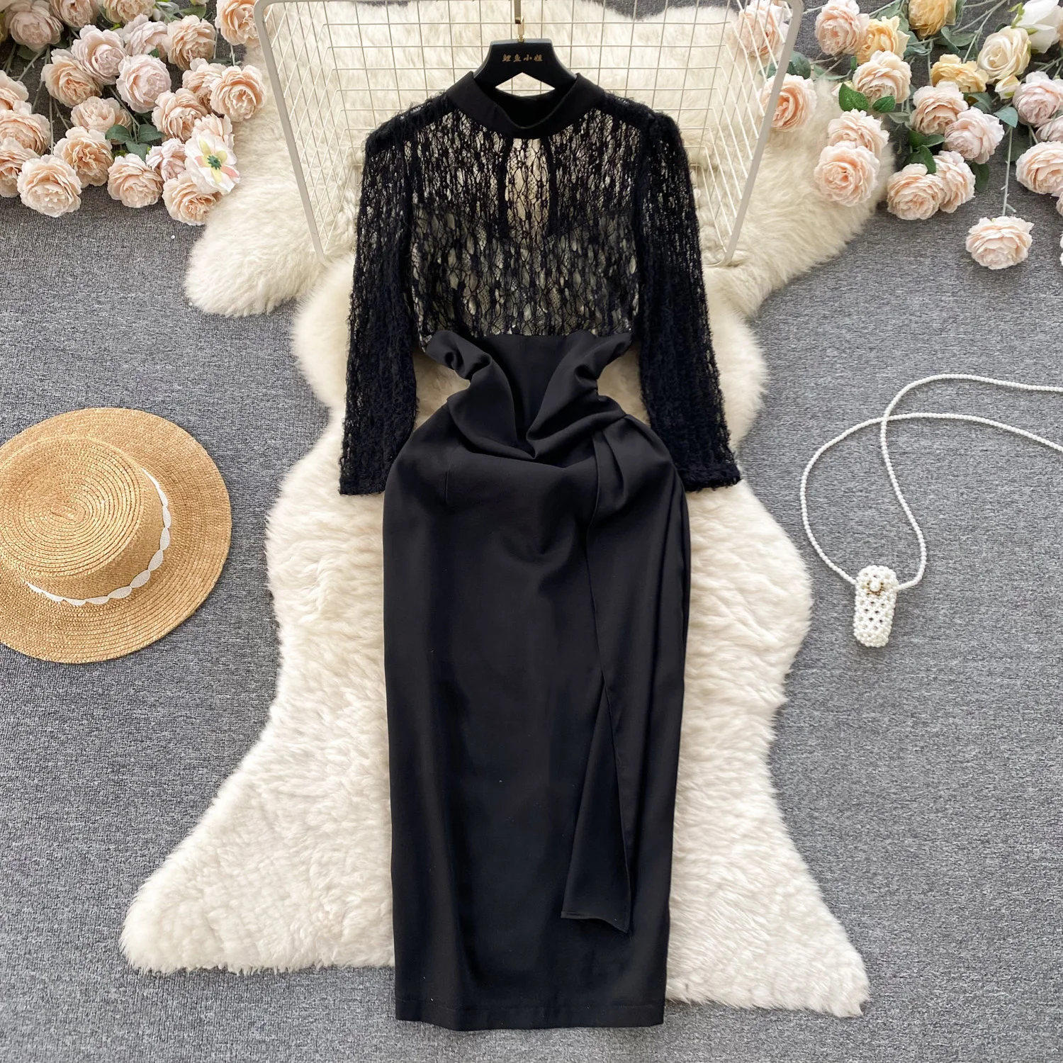 

Foamlina женское корейское модное черное кружевное комбинированное платье Элегантное облегающее платье с круглым вырезом и рукавом до локтя с высокой талией