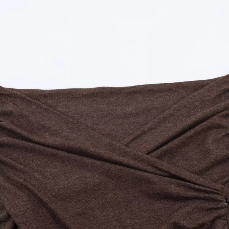 Top drapeado con cuello sobrepelliz para mujer, camiseta informal de manga larga para primavera y verano, Tops de calle con dobladillo recto para mujer