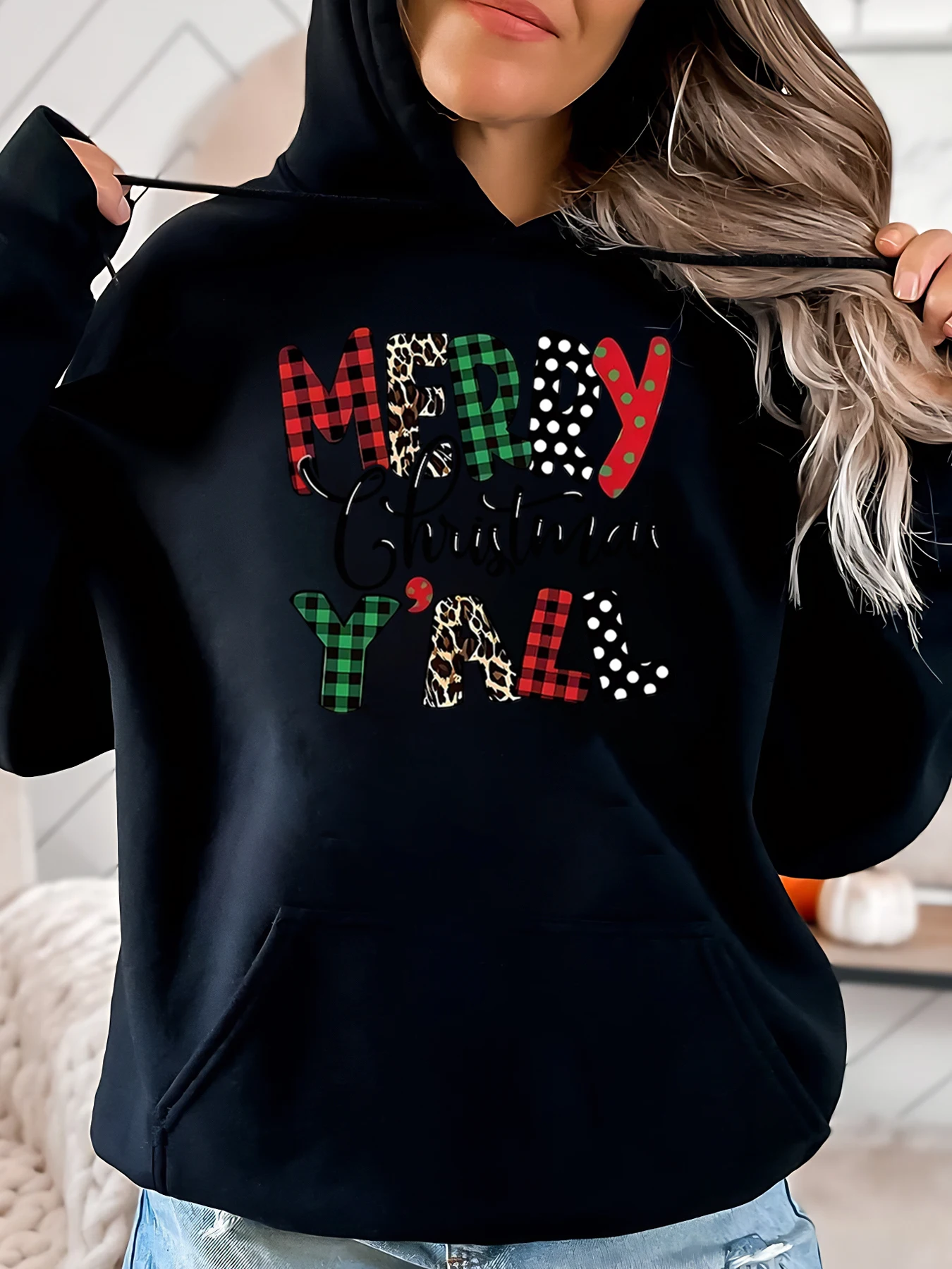 

Толстовка с капюшоном с принтом Merry Christmas Y'All, праздничная толстовка, женская повседневная одежда, наряд для вечеринки, черный, больших размеров