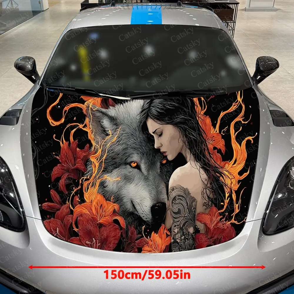Flame Cluster Crimson Wolf Car Vinyl Wrap, PVC Material Waterproof Car Hood Sticker, Self-Adhesive Scratch-Resistant Stickers fo