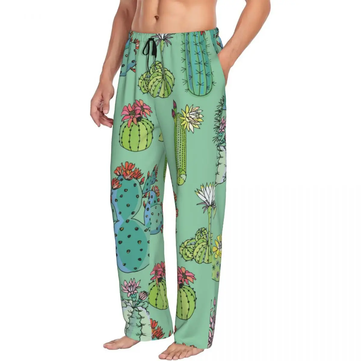 Custom Printed Men's Pajama Pants Cute Cacti With Flowers Sleepwear Sleep Lounge Bottoms with Pockets