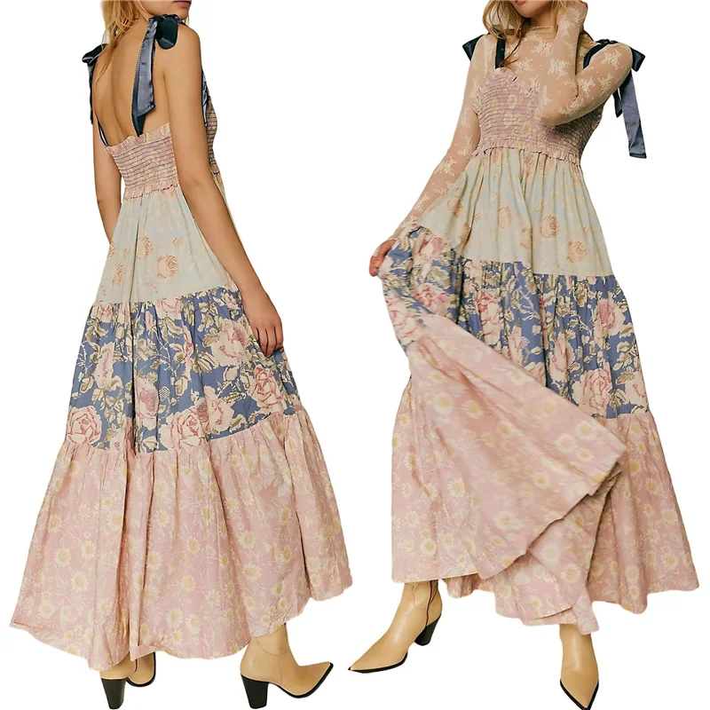 CGS-Donna floreale Boho Vestito estivo con cravatta sulla spalla Smocked Patchwork Abiti maxi fluidi con tasche Estate Autunno