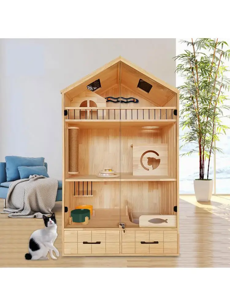 

Solid Wood Cat Cage Villa Litter Cabinet Display Furniture with Crawling Tools for Cats Size 100x60x170 Cm