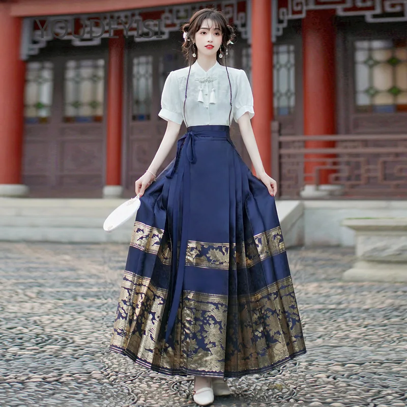 

YOUDEYISI New Chinese Style Simple Stand-up Collar Top Satin Jacquard Horse Dress Hanfu Set