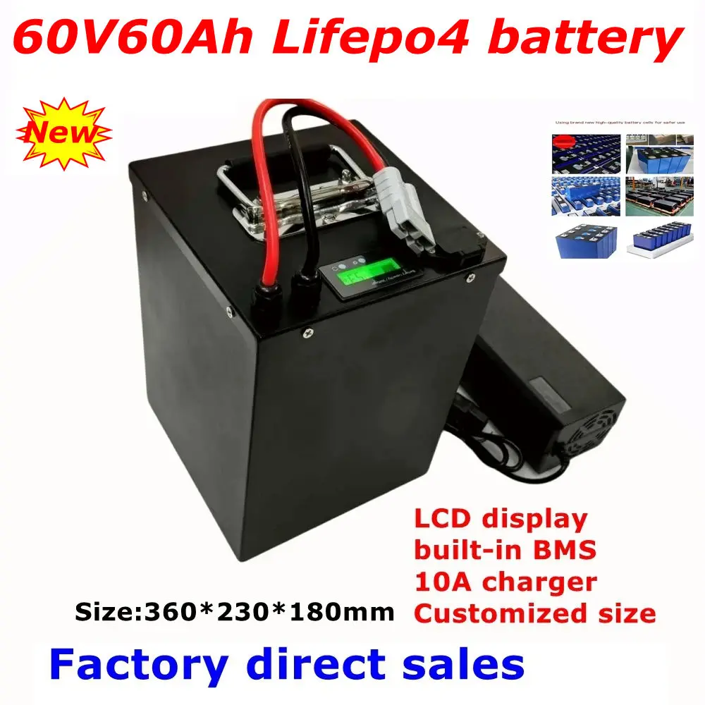 

Литиевая батарея CZ-60V 60Ah LiFepo4 для мотоцикла 3600 Вт 4800 Вт, скутера, электрического рикша, замена свинцово-кислота + зарядное устройство 10 А.