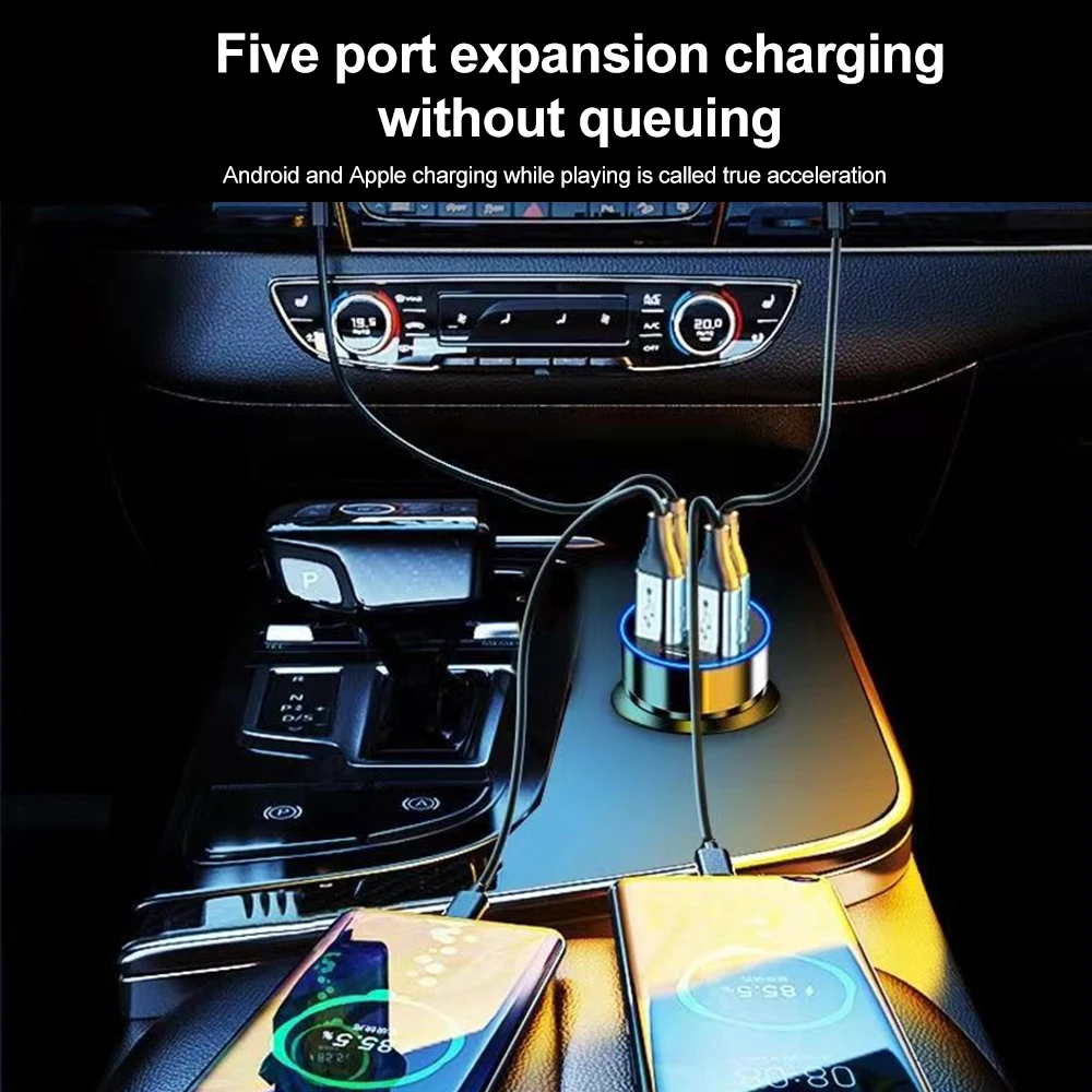 250W Pd Autolader Qc3.0 Snel Opladen Één Tot Zes Auto Sigarettenaansteker Plug 5 Poorts Autolader Flitslading Met Digitaal Display