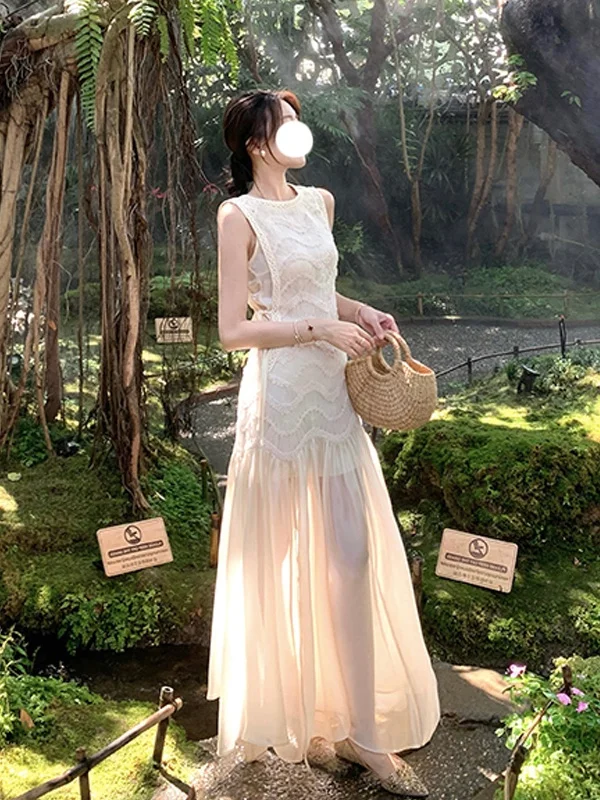 

Летнее женское платье-сарафан с кружевными вставками, новое, с завышенной талией, элегантное, с эффектом утягивания талии, А-силуэт