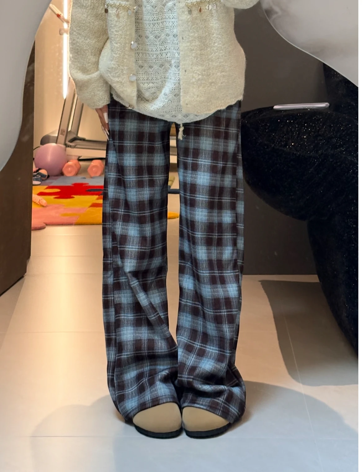 Women Y2K Plaid Flare Pants High Waist Wide Leg Trousers Vintage Checkered Bootcut Pants Loose Casual Streetwear Long Pants