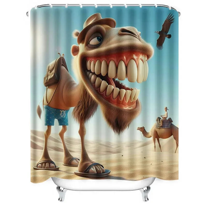 

3D Camel Shower Curtain Bathroom Decor for Kids Room Cartoon Animal Design with Hat Waterproof Fabric Easy Installation KitXT6@！