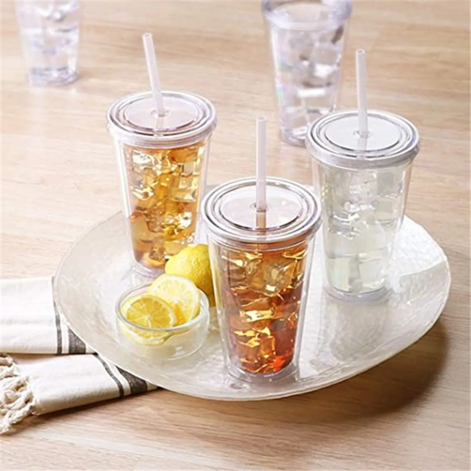 16oz Double Wall Clear Plastic Tumblers With Lids And Straws Coffee Cup Reusable Water Bottle Transparent Fruit Cup Home Use