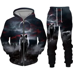 Men Zipper Hoodie Suit 3D Print Animal Wolf Tracksuit/Pants Long Sleeve Casual Streetwear Oversize Autumn Winter New Hot-selling