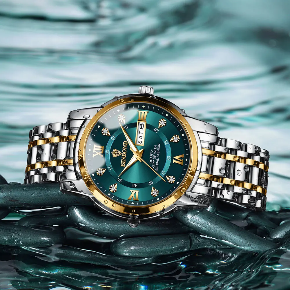ของแท้นาฬิกาผู้ชายกันน้ำธุรกิจปฏิทินคู่เพชรเหล็กผีเสื้อปุ่มชายแฟชั่นนาฬิกาควอตซ์