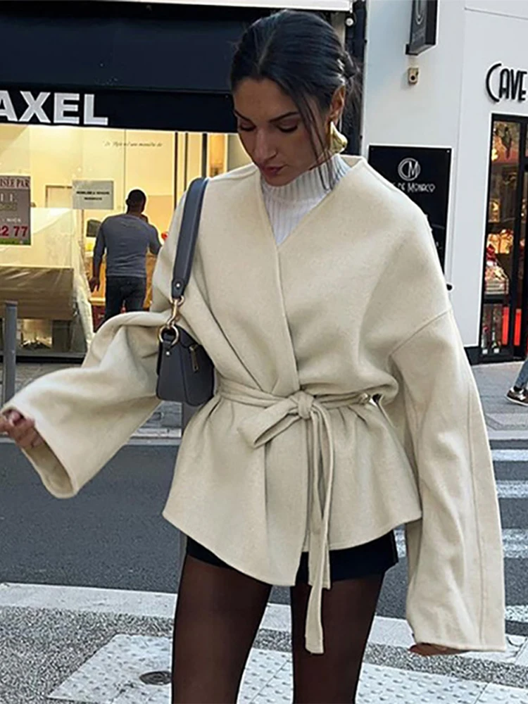 Elegant Belt No Collar Apricot Coats Women Chic Loose Long Sleeved Short Jackets Lady Autumn Winter High Street Outwear Tops