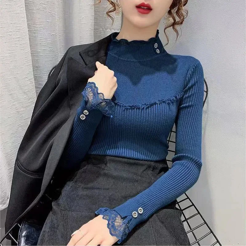 2024 New Women Sweater Autumn Winter Turtleneck Warm Knitwear Korean Casual Lace Bottoming Shirt Fashion Knit Pullovers Jumper