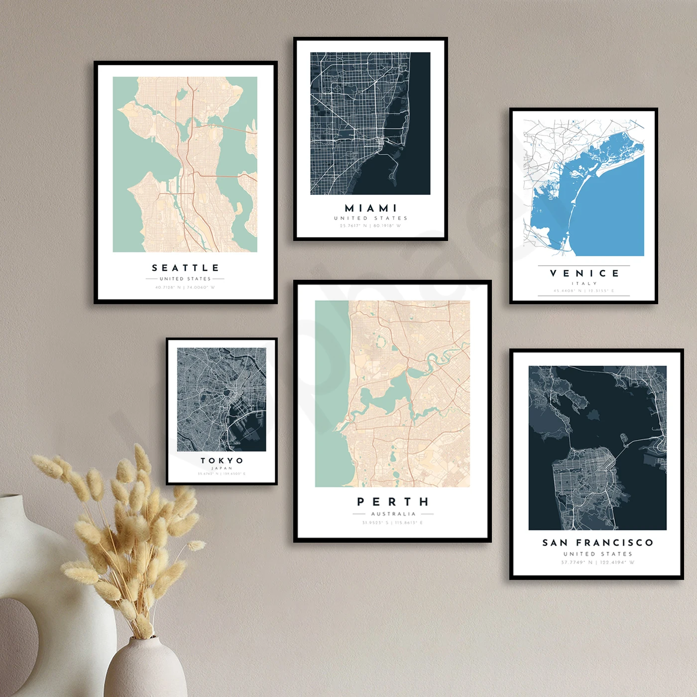 Перт, Лондон, Токио, Копенгаген, Бангкок, Каир, Сан-Франциско, Буэнос-Айрес, Венеция, Майами, Сиэтл. Карта города. Домашний Настенный декор художественный плакат