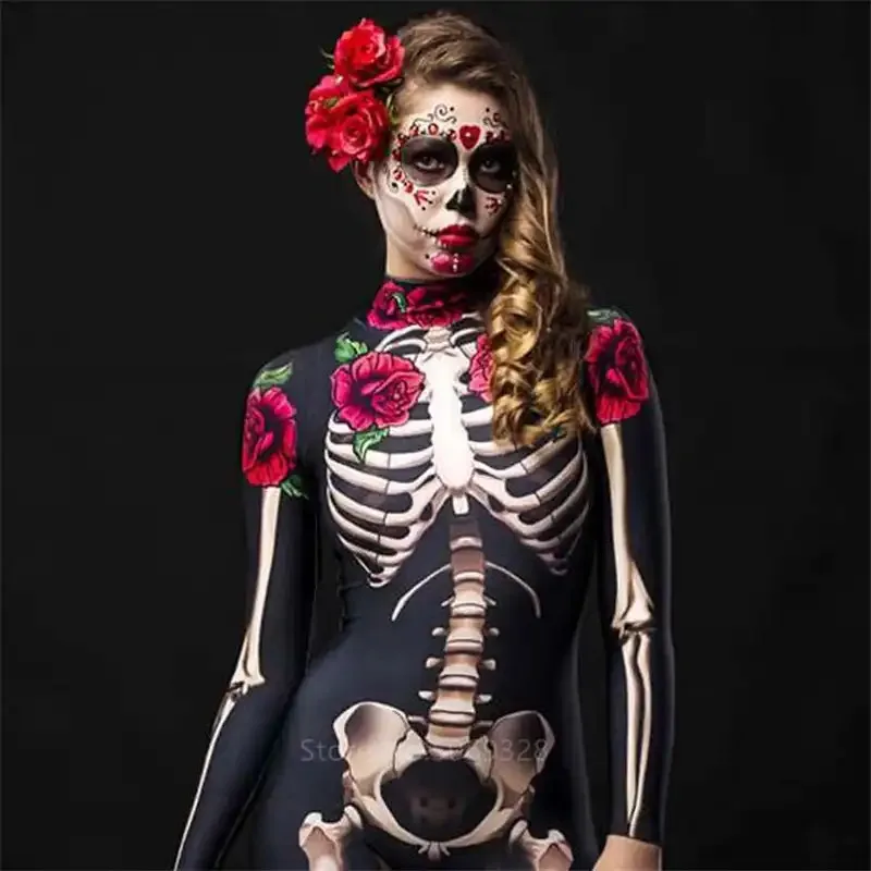 CySkeleton Rose Sexy Women Halloween Devil Ghost Jumpsuit Party Carnival Performance Scary Costume Kids Baby Girl Day Of The Dea