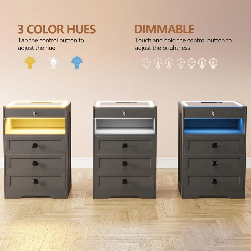 隠し引き出し付きLEDナイトスタンド、充電ステーション付きロック可能なナイトスタンド、自動センサーライト付きベッドサイドテーブル、寝室、グレー