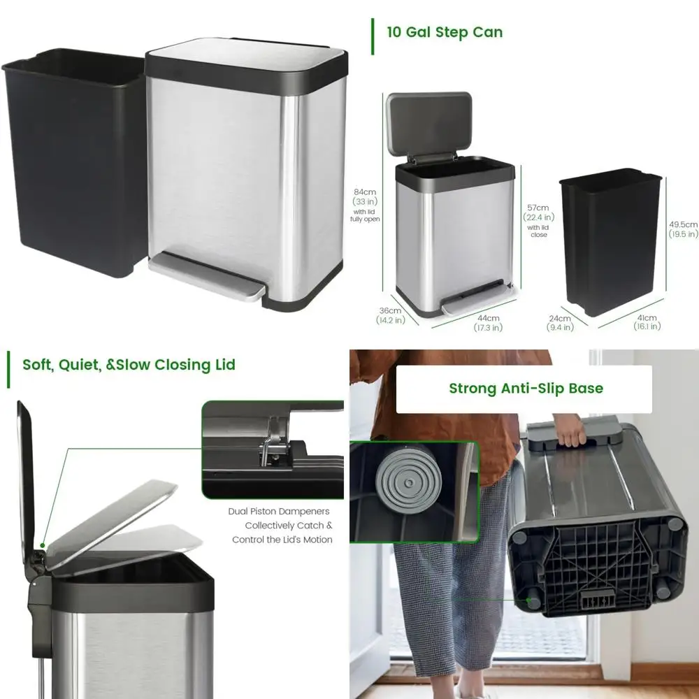 

Stainless Steel 10 Gallon Trash Can with Step-on Pedal, Soft Close Lid and Removable Bucket - Modern Kitchen Waste Solution