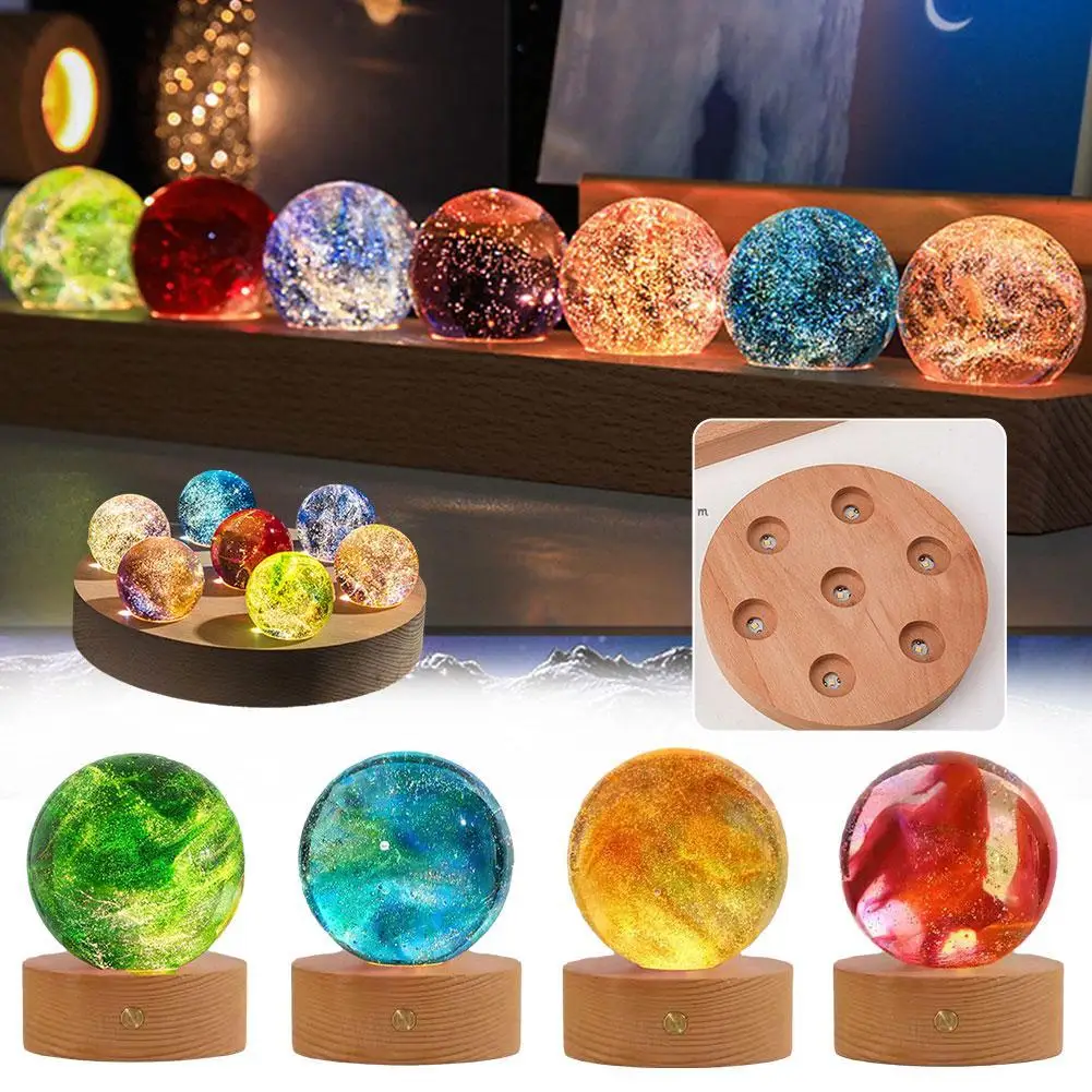 LED Wood Stand 7 Colorful Glass Ball Shiny Detachable in Base Luminous Plug USB Rectangle/Round Crystal Ornaments C2I6