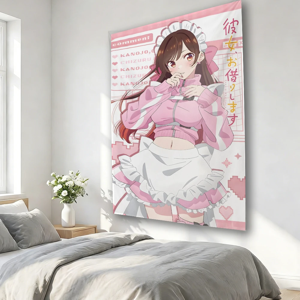 Kanojo Okarishimasu Chizuru Mizuhara Tapestry, Pink Maid Outfit Anime Girl Wall Hanging, Aesthetic Wall Cloth for Bedroom Dorm