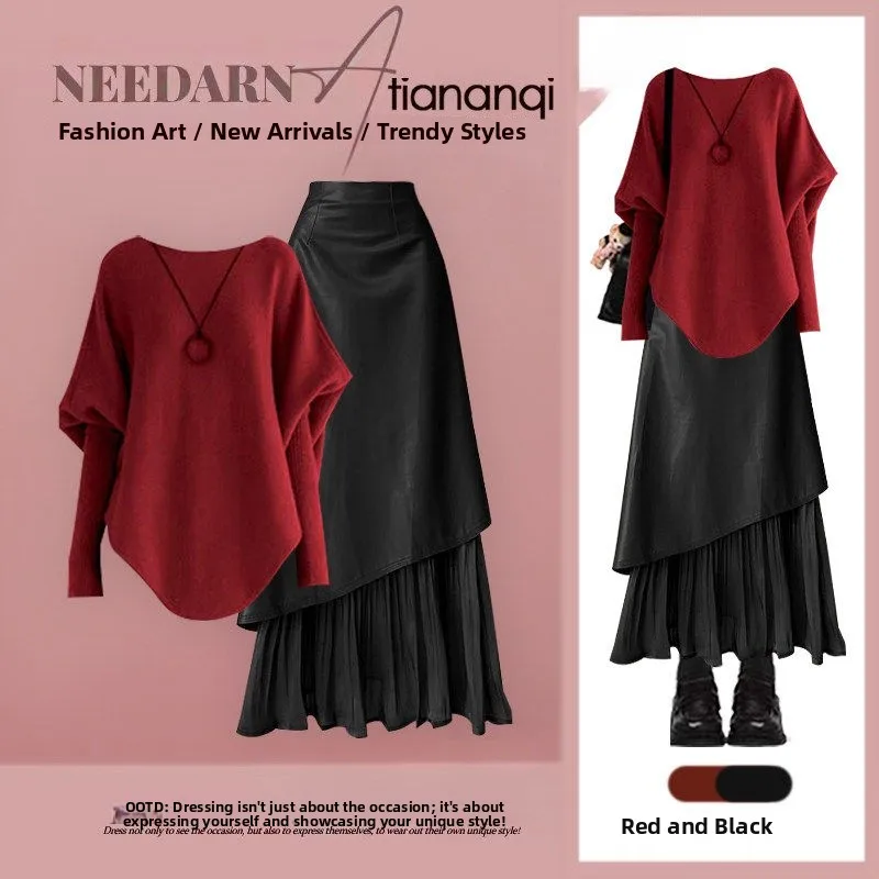 

Ele Red Knitted Top And High Waist Skirt Two Piece Set for Women Casual Sle Spring Autumn Season High Quali Fa...